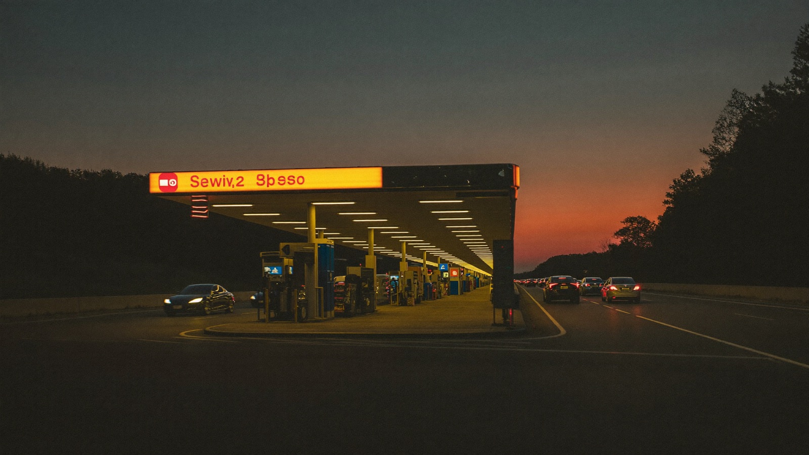 Schweizer Autobahnraststätte mit Tankstelle und vorbeifahrendem Verkehr