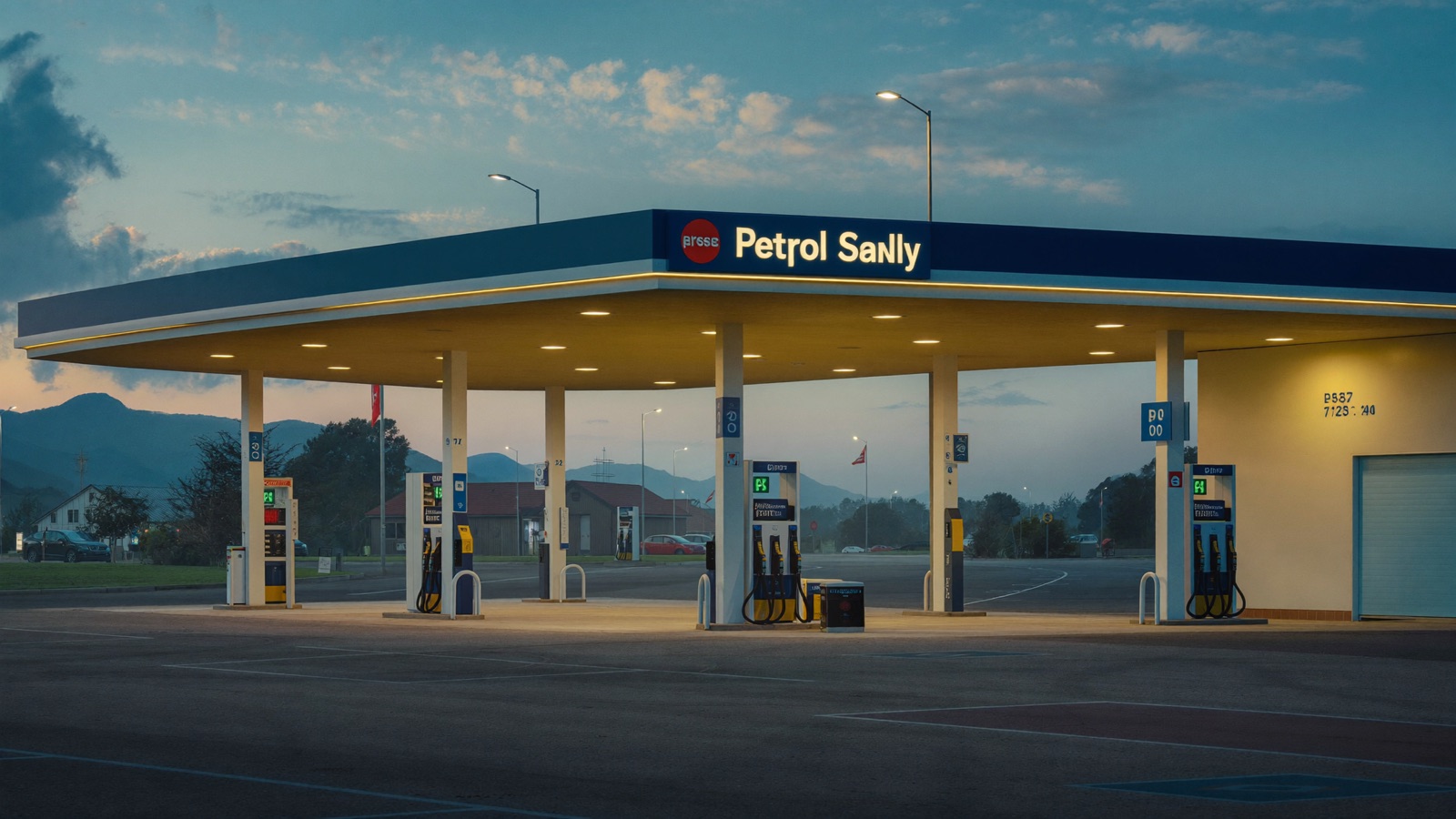 Schweizer Tankstelle in der Morgendämmerung mit Preisanzeige